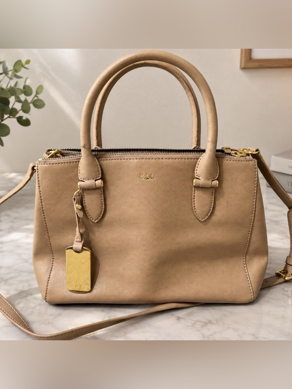 Lauren Ralph Lauren RLL Beige Taupe Textured Satchel Handbag Crossbody
